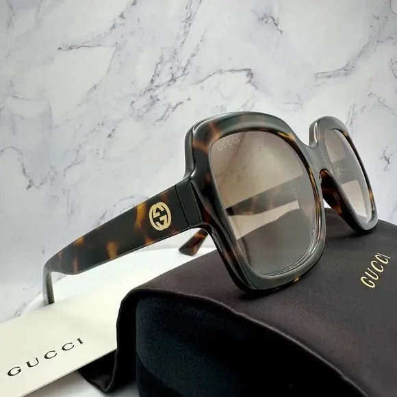New GUCCI Sunglasses Brown Black Tortoise Square Women's Gold GG Logo Oversized - Picture 14 of 16